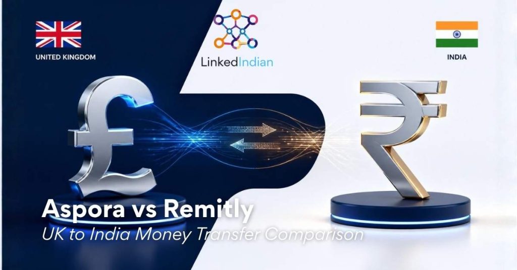Comparison graphic of Aspora and Remitly money transfer services for sending money from the UK to India