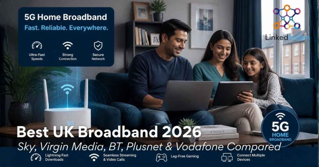 Comparison of top UK home broadband providers including Sky, Virgin Media, BT, and Plusnet for renters and expats