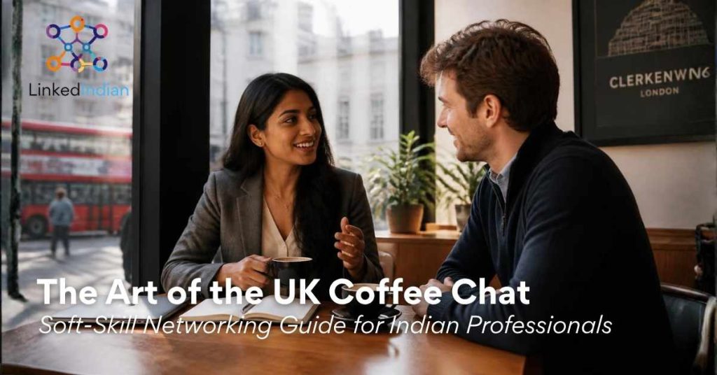 Indian professional having an informal UK coffee chat networking meeting in a London cafe