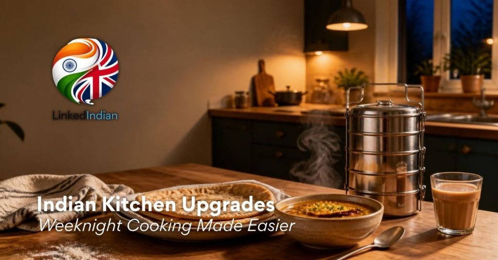 Fresh rotis, dal, a stainless-steel tiffin and masala chai on a warm home kitchen worktop after dinner.