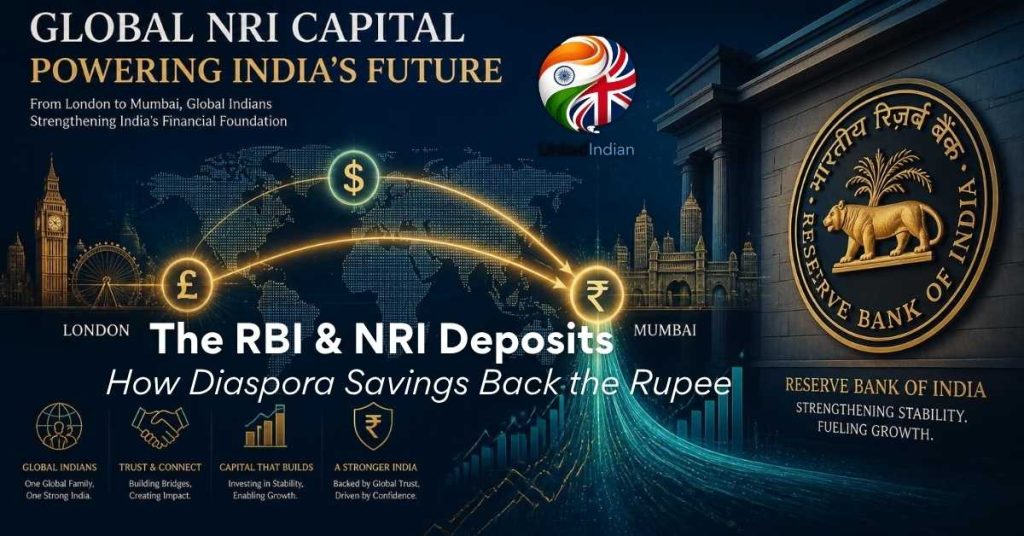 Editorial graphic showing Reserve Bank of India forex swap and NRI FCNR foreign currency deposit flows