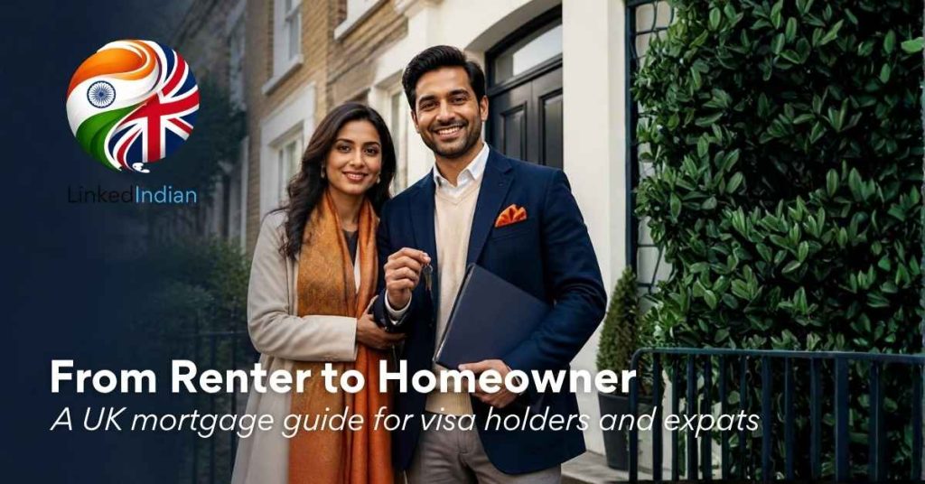 British Indian couple outside a UK home for a guide to mortgages for visa holders and expats