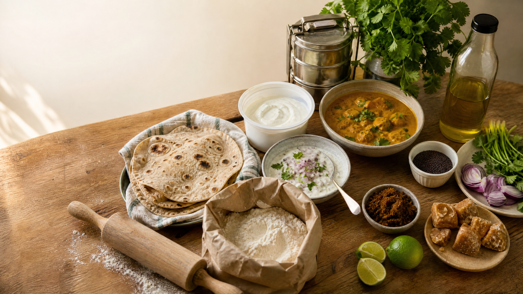 Fresh Indian dal and rotis on a UK kitchen counter alongside supermarket swap ingredients like Greek yogurt and spices