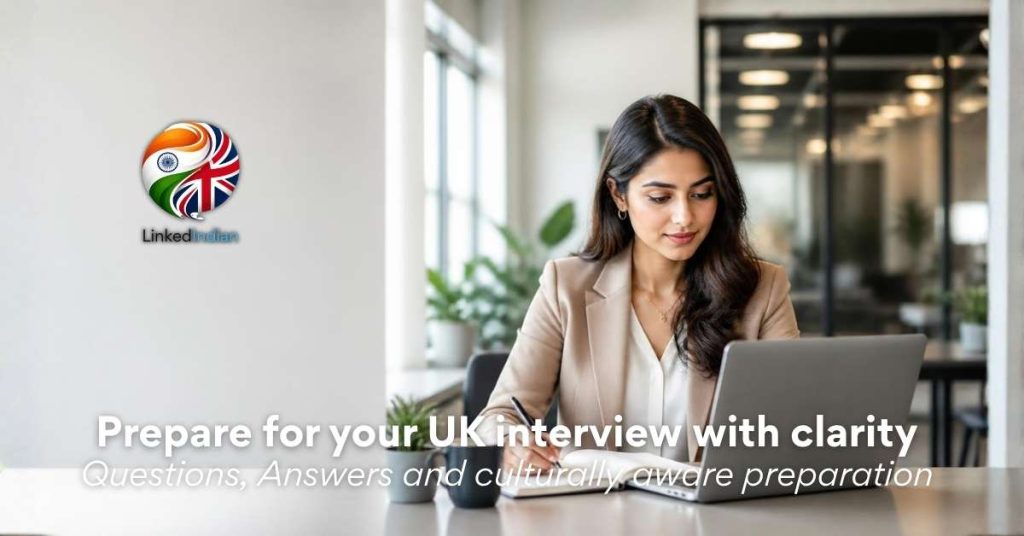 Indian professional preparing notes for a UK job interview at a modern desk