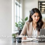 Indian professional preparing notes for a UK job interview at a modern desk