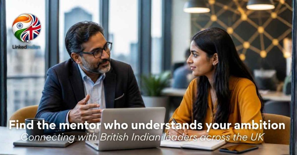 Indian professional speaking with a British Indian mentor during a career conversation in a modern UK office
