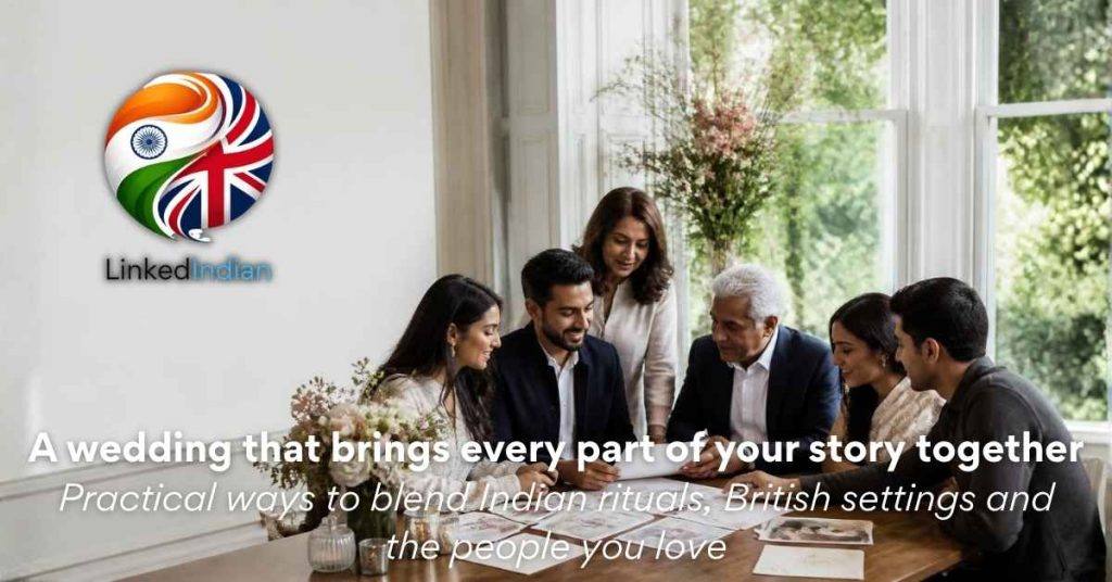 British Indian couple and family planning a multicultural wedding in a modern UK venue
